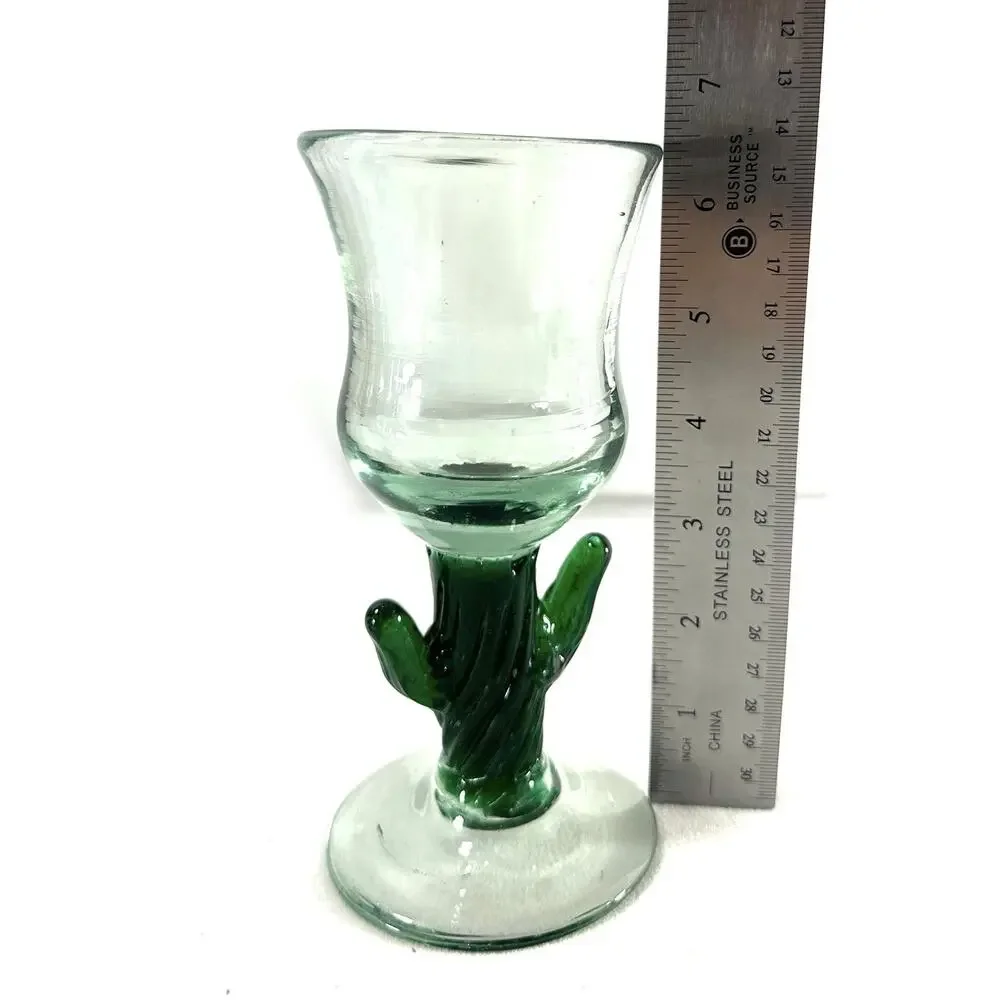 Vintage Hand Blown Glass Cactus Goblets Set of 3 Green Saguaro Mexican Style